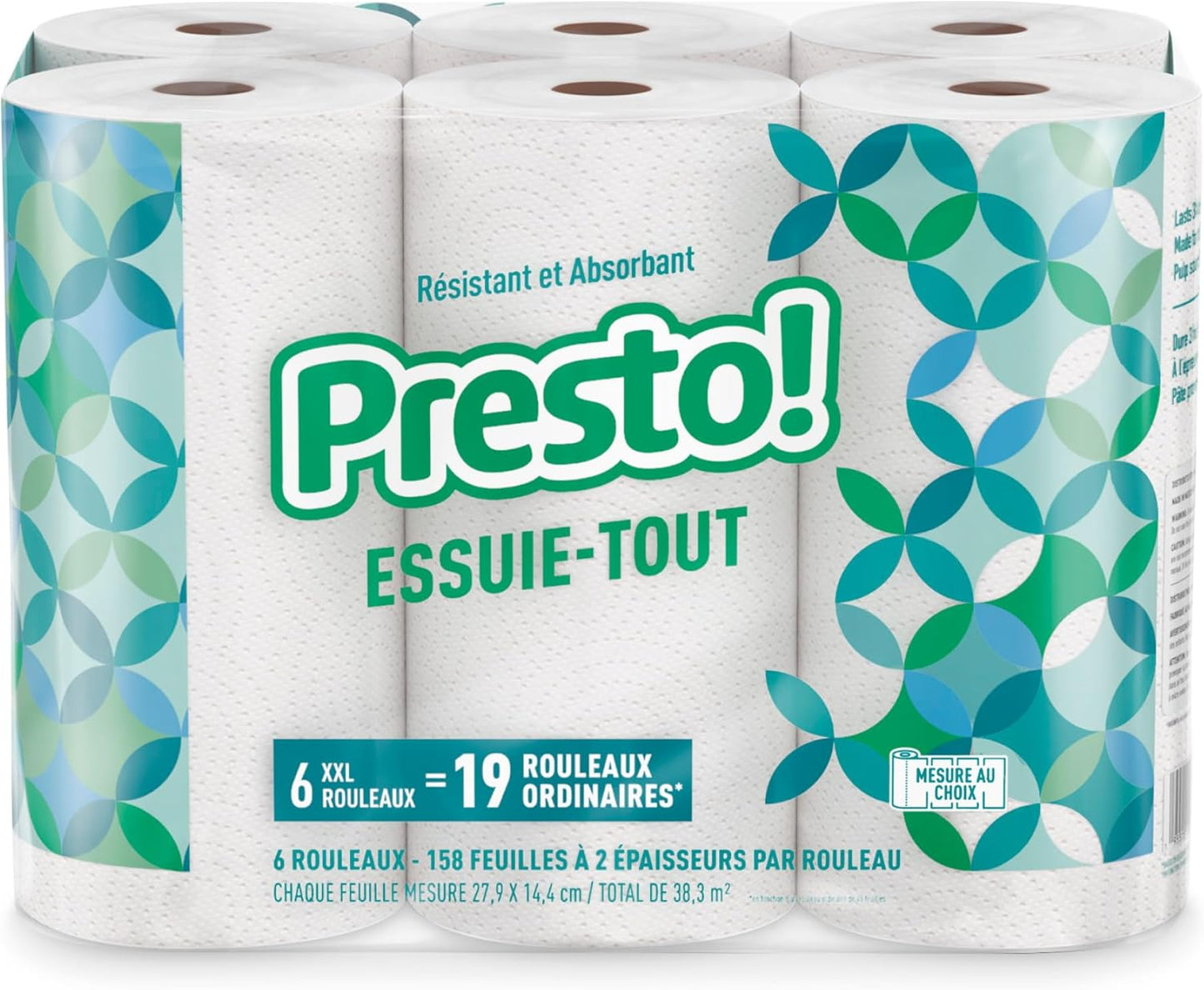 Amazon Brand - Presto! Flex-a-Size Paper Towels, 158 Sheet Huge roll, 6 Rolls, Equivalent to 19 Regular Rolls, White