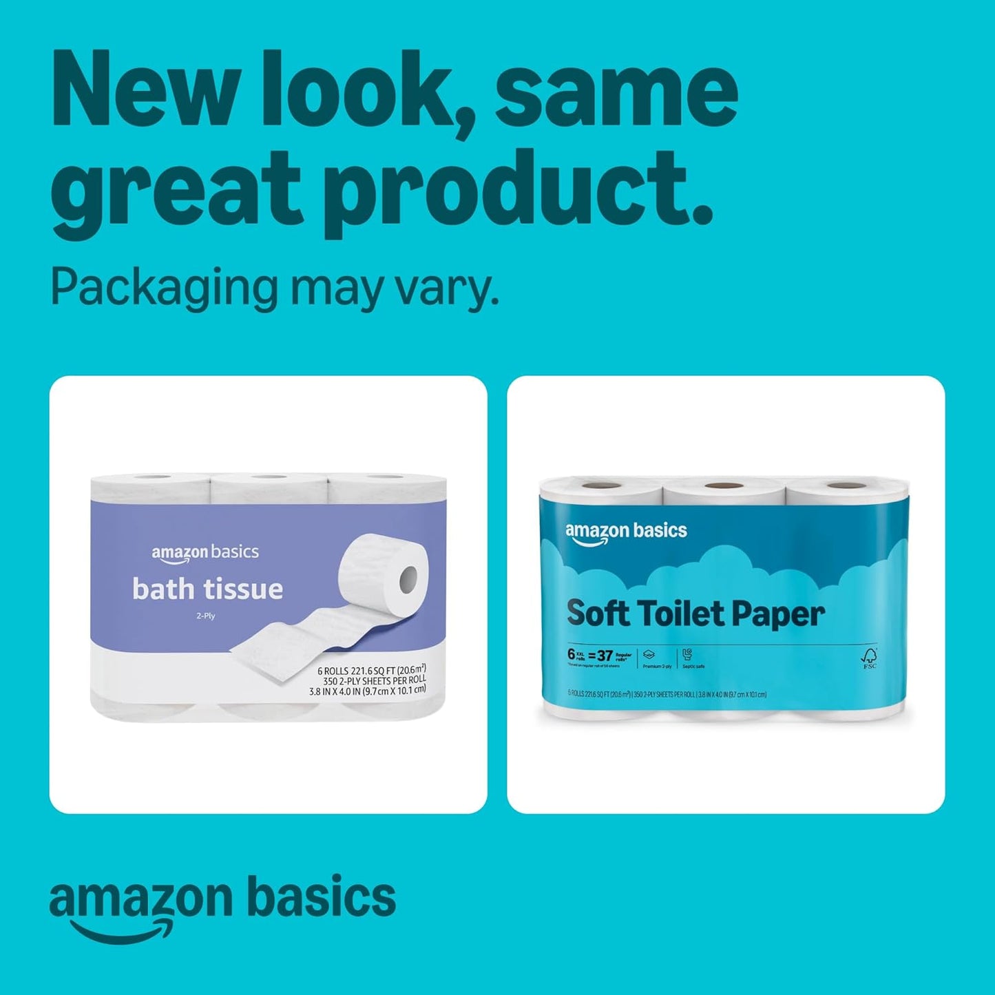 Amazon Basics 2-Ply Soft Toilet Paper, 30 Rolls (5 Packs of 6), Equivalent to 185 Regular Rolls, Packaging May Vary