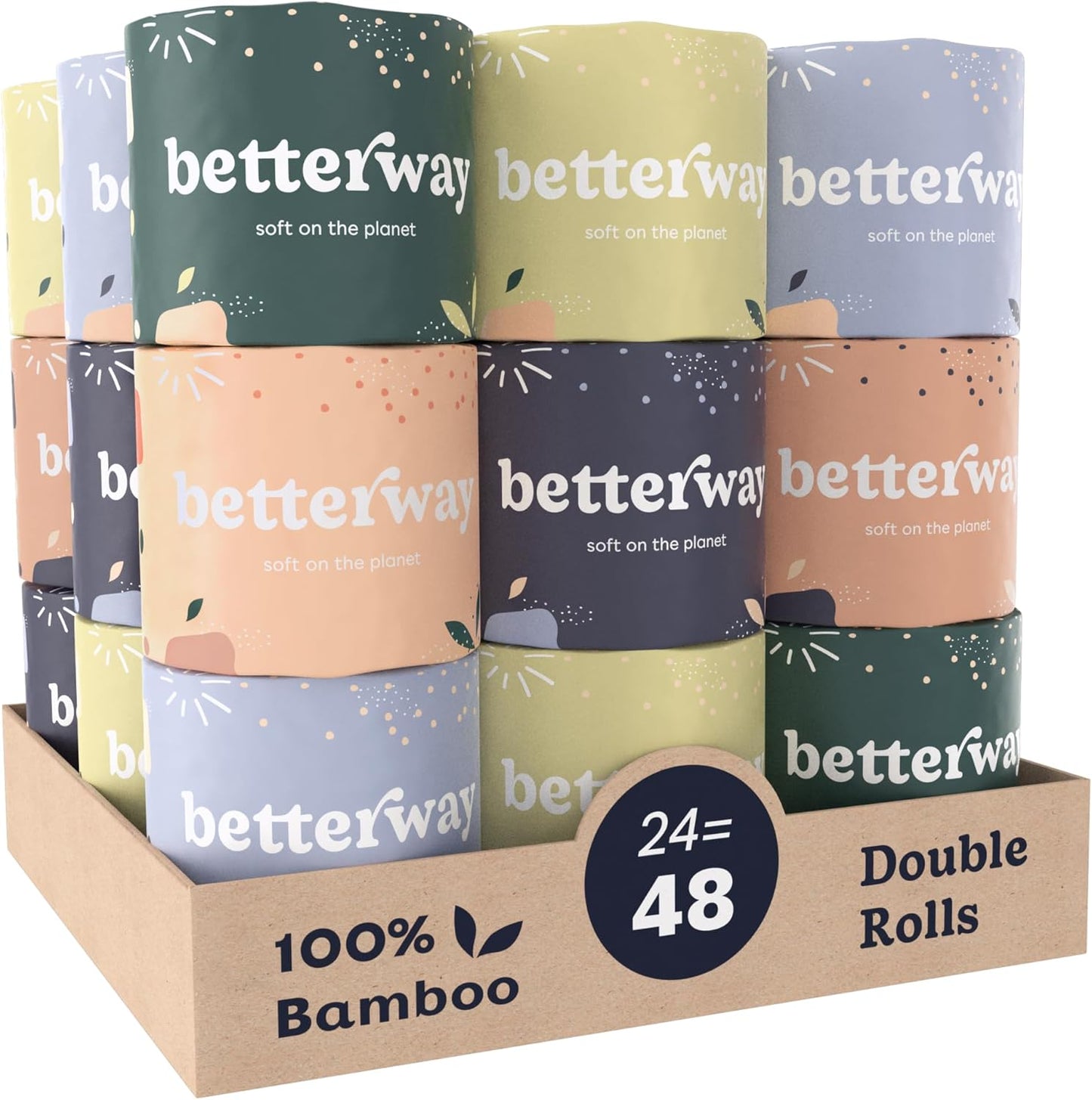 Betterway Bamboo Toilet Paper 3 Ply - Sustainable Toilet Tissue - 12 Double Rolls & 360 Sheets Per Roll - Septic Safe - Organic, Plastic & PFAS Free - FSC Certified