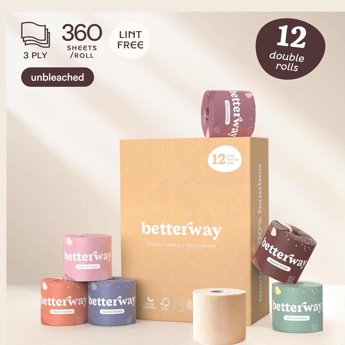 Betterway Bamboo Toilet Paper 3 Ply - Sustainable Toilet Tissue - 12 Double Rolls & 360 Sheets Per Roll - Septic Safe - Organic, Plastic & PFAS Free - FSC Certified