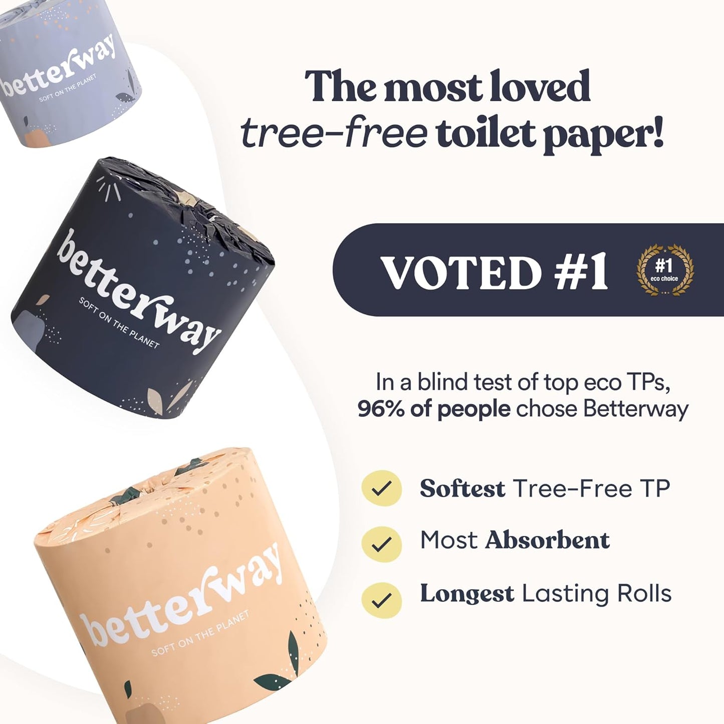 Betterway Bamboo Toilet Paper 3 Ply - Sustainable Toilet Tissue - 12 Double Rolls & 360 Sheets Per Roll - Septic Safe - Organic, Plastic & PFAS Free - FSC Certified