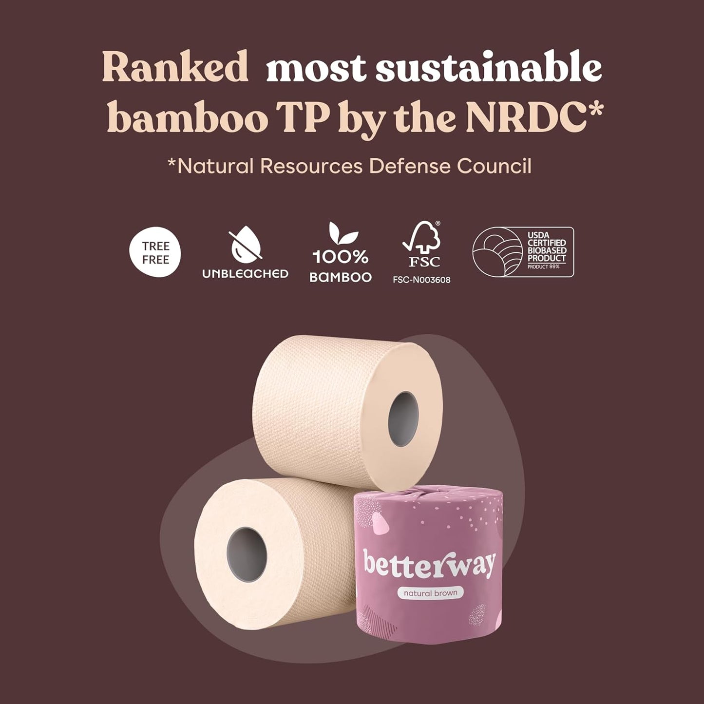 Betterway Bamboo Toilet Paper 3 Ply - Sustainable Toilet Tissue - 12 Double Rolls & 360 Sheets Per Roll - Septic Safe - Organic, Plastic & PFAS Free - FSC Certified