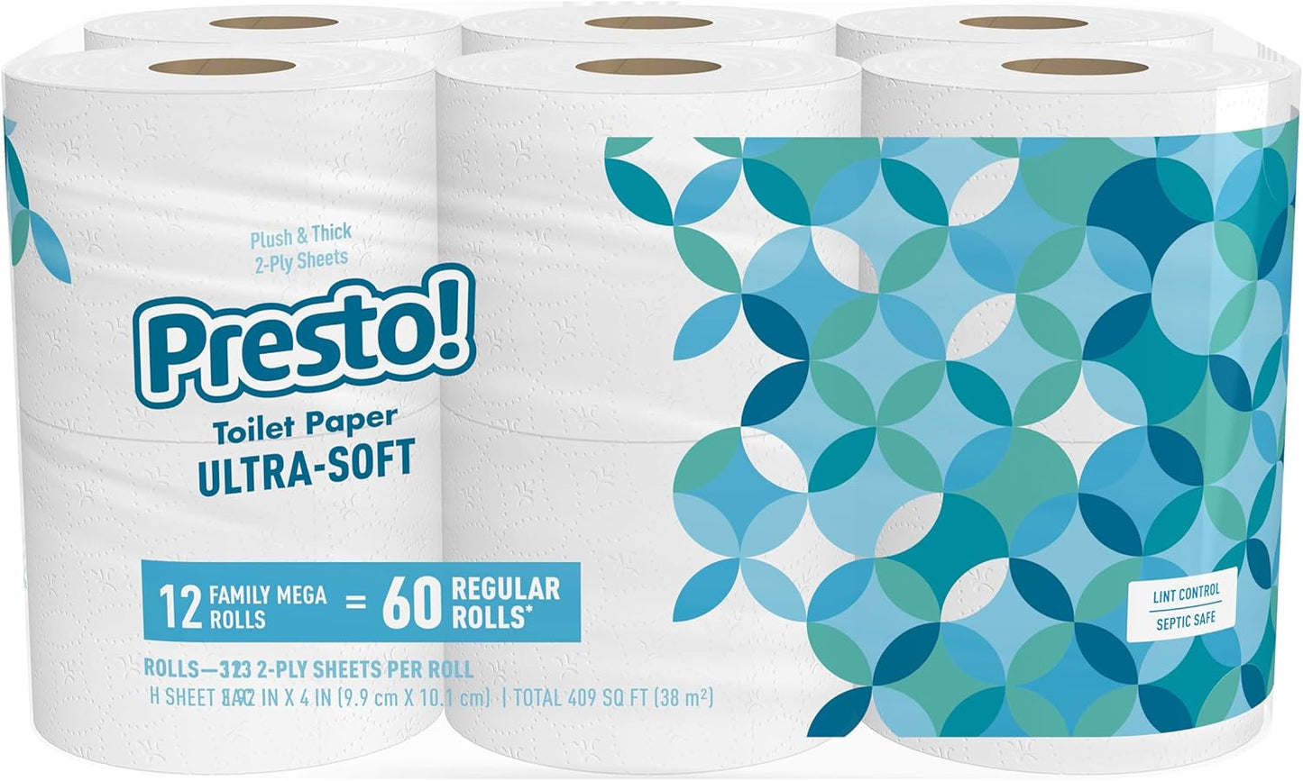 Amazon Brand - Presto! 2-Ply Ultra-Soft Toilet Paper, 24 Family Mega Rolls = 120 regular rolls, 6 Count (Pack of 4), Unscented