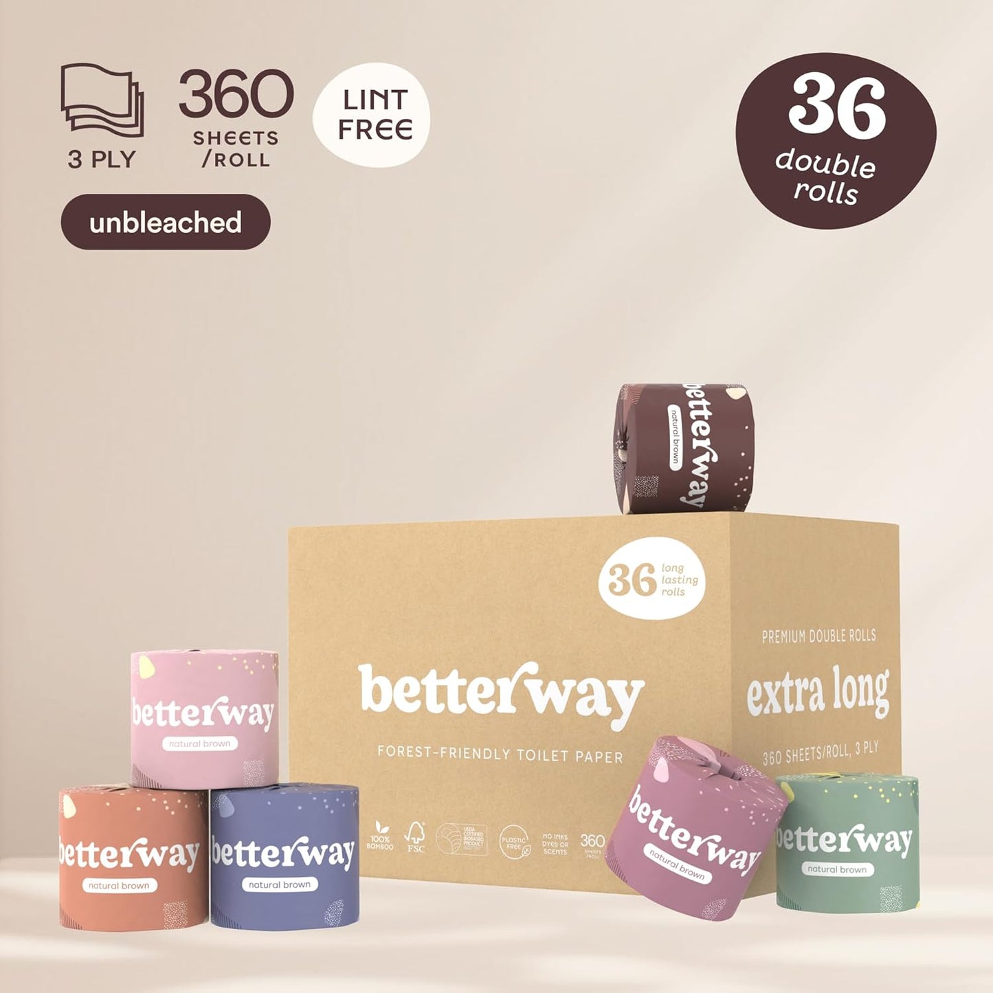 Betterway Bamboo Toilet Paper 3 Ply - Sustainable Toilet Tissue - 12 Double Rolls & 360 Sheets Per Roll - Septic Safe - Organic, Plastic & PFAS Free - FSC Certified