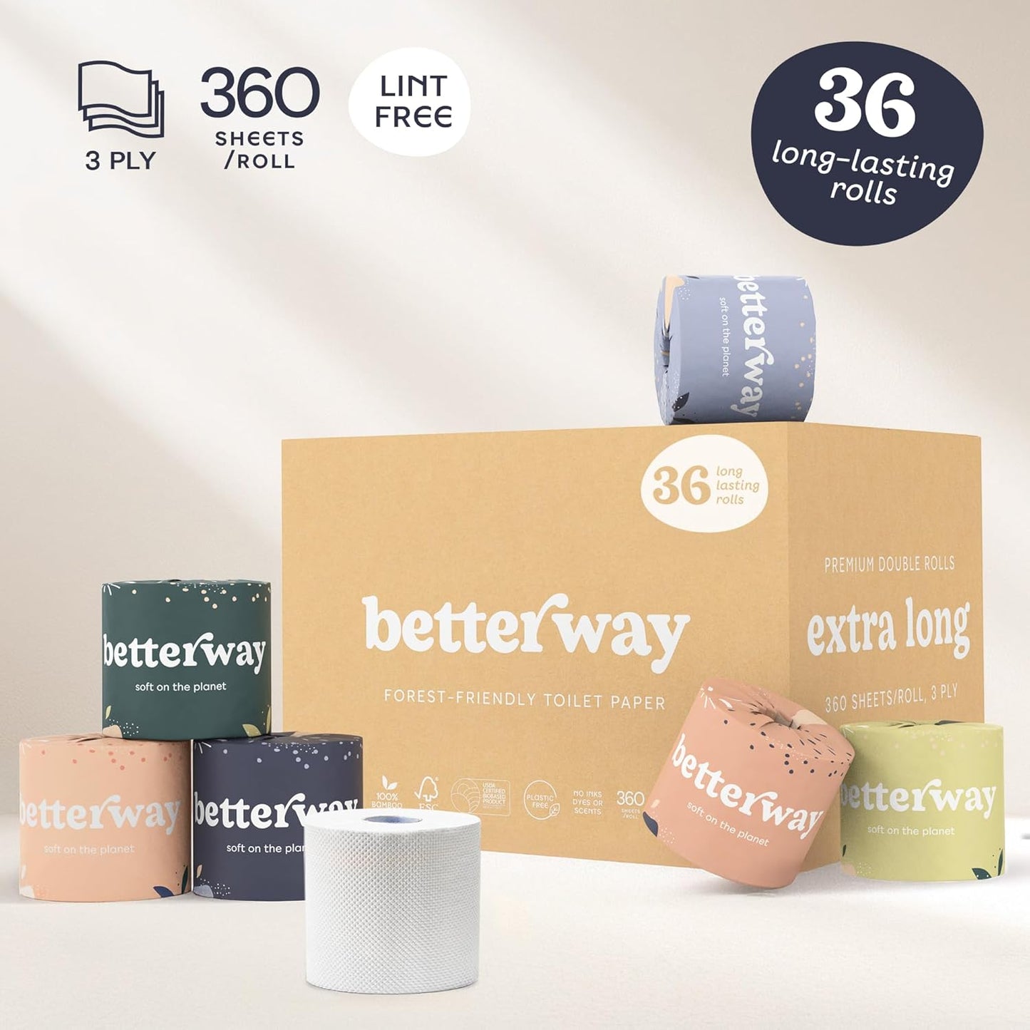 Betterway Bamboo Toilet Paper 3 Ply - Sustainable Toilet Tissue - 12 Double Rolls & 360 Sheets Per Roll - Septic Safe - Organic, Plastic & PFAS Free - FSC Certified