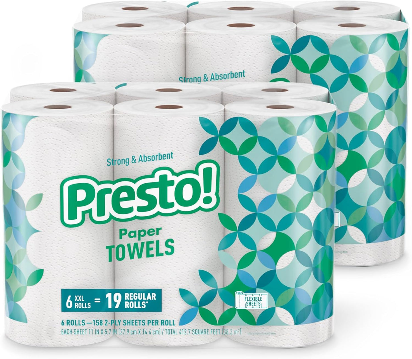 Amazon Brand - Presto! Flex-a-Size Paper Towels, 158 Sheet Huge roll, 6 Rolls, Equivalent to 19 Regular Rolls, White