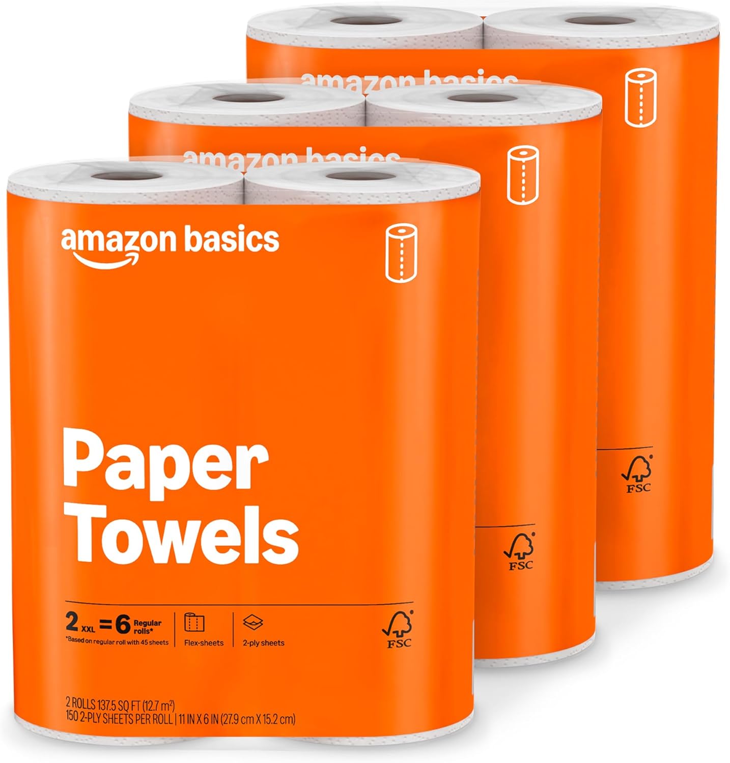 Amazon Basics 2-Ply Flex-Sheets Paper Towels, 12 Basics Rolls = 32 Regular Rolls, Everyday Value with 150 Sheets per Roll