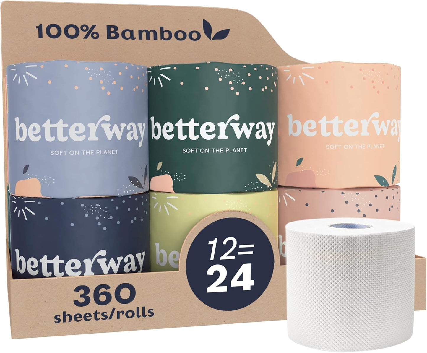 Betterway Bamboo Toilet Paper 3 Ply - Sustainable Toilet Tissue - 12 Double Rolls & 360 Sheets Per Roll - Septic Safe - Organic, Plastic & PFAS Free - FSC Certified
