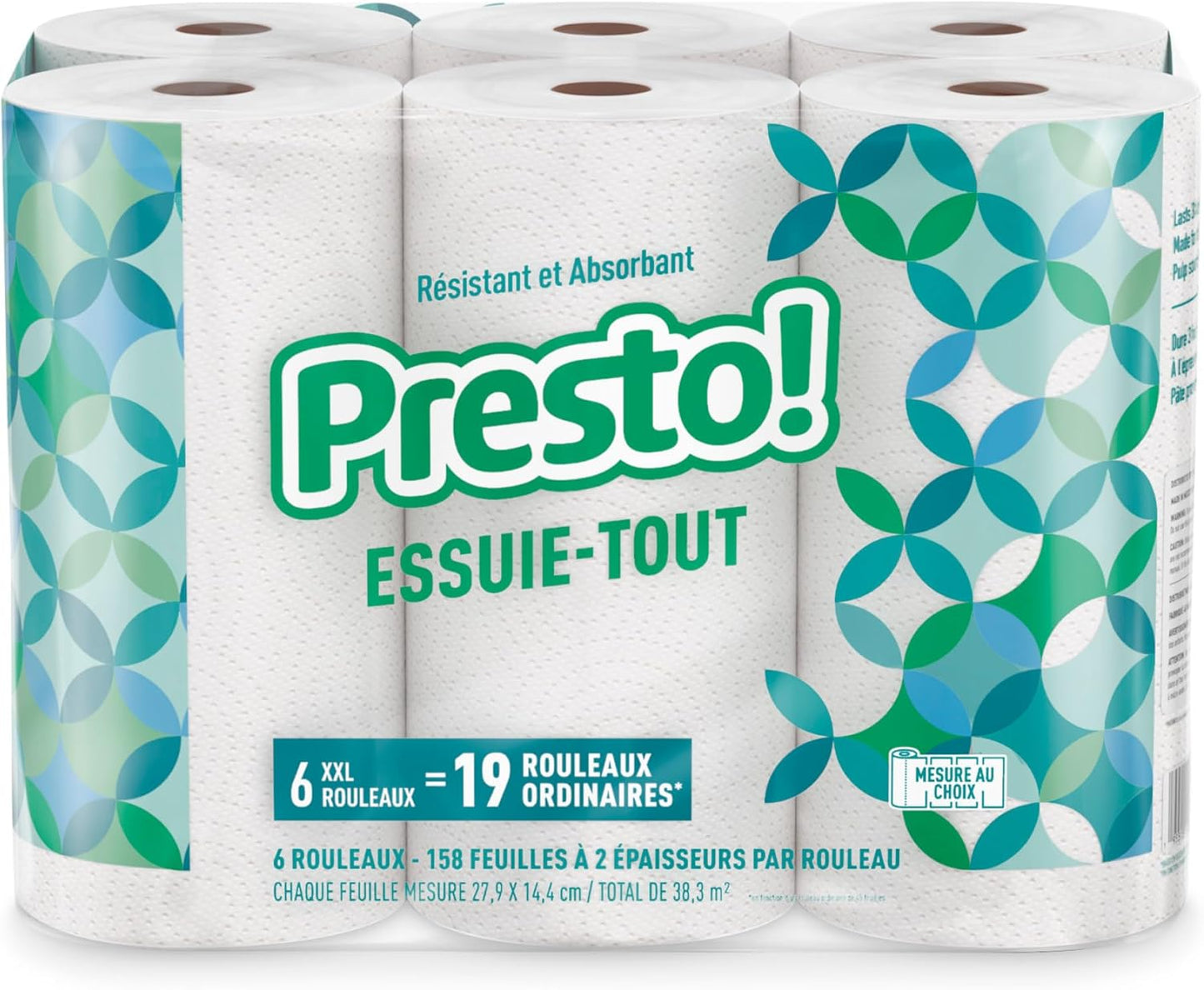 Amazon Brand - Presto! Flex-a-Size Paper Towels, 158 Sheet Huge roll, 6 Rolls, Equivalent to 19 Regular Rolls, White