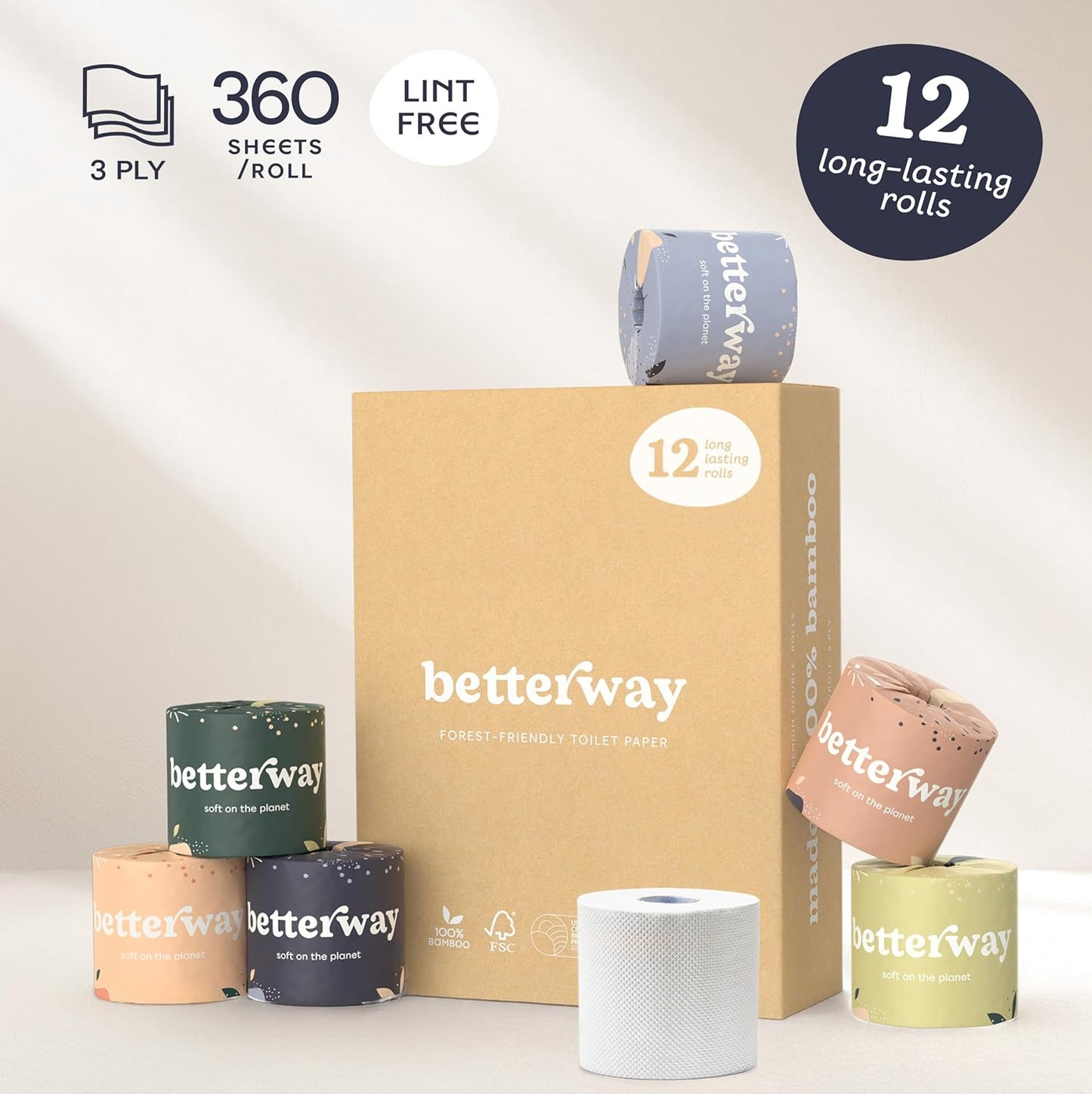 Betterway Bamboo Toilet Paper 3 Ply - Sustainable Toilet Tissue - 12 Double Rolls & 360 Sheets Per Roll - Septic Safe - Organic, Plastic & PFAS Free - FSC Certified