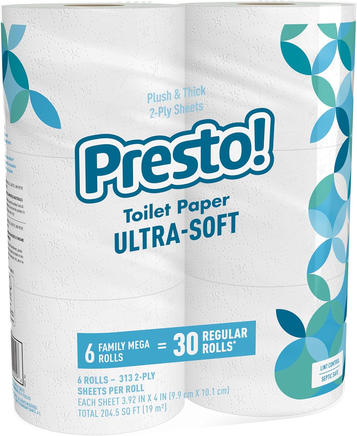 Amazon Brand - Presto! 2-Ply Ultra-Soft Toilet Paper, 24 Family Mega Rolls = 120 regular rolls, 6 Count (Pack of 4), Unscented