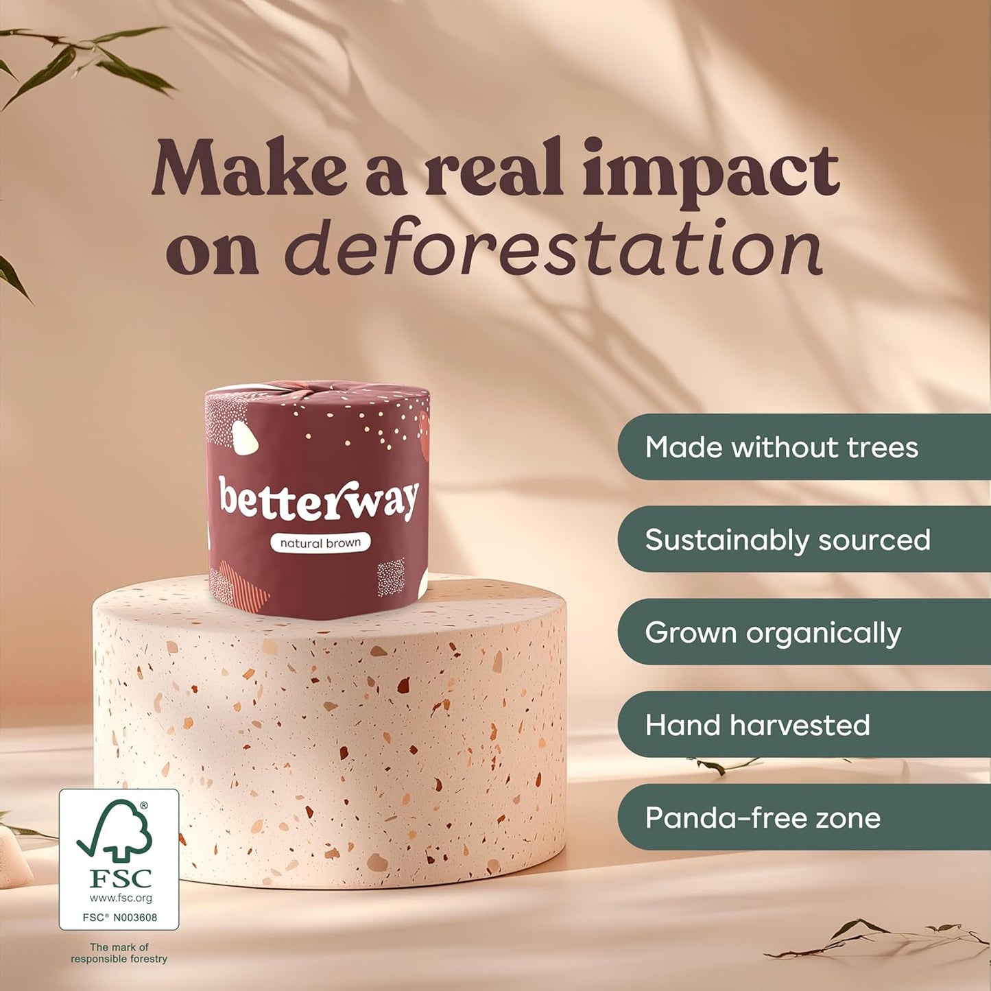 Betterway Bamboo Toilet Paper 3 Ply - Sustainable Toilet Tissue - 12 Double Rolls & 360 Sheets Per Roll - Septic Safe - Organic, Plastic & PFAS Free - FSC Certified