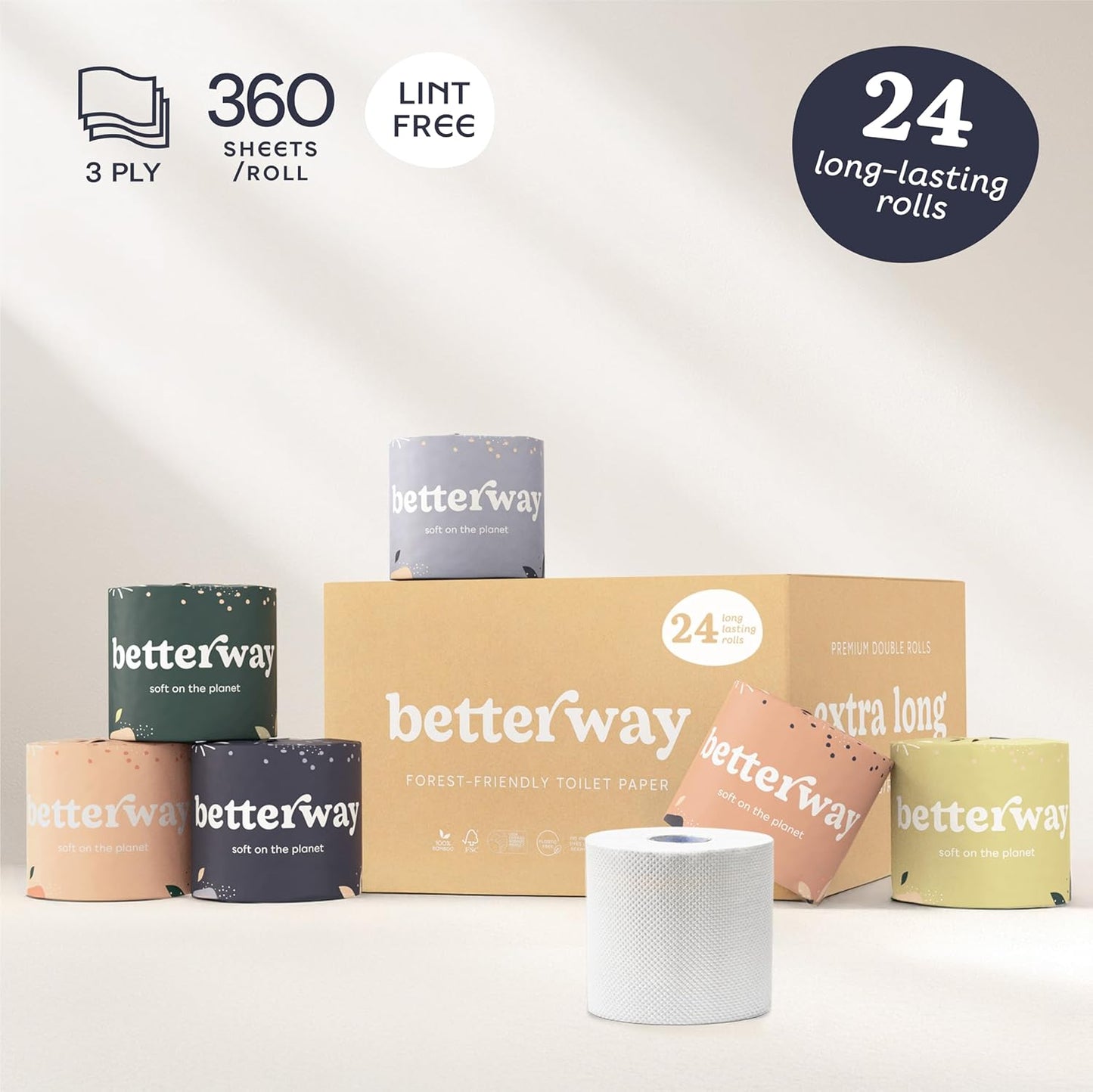 Betterway Bamboo Toilet Paper 3 Ply - Sustainable Toilet Tissue - 12 Double Rolls & 360 Sheets Per Roll - Septic Safe - Organic, Plastic & PFAS Free - FSC Certified