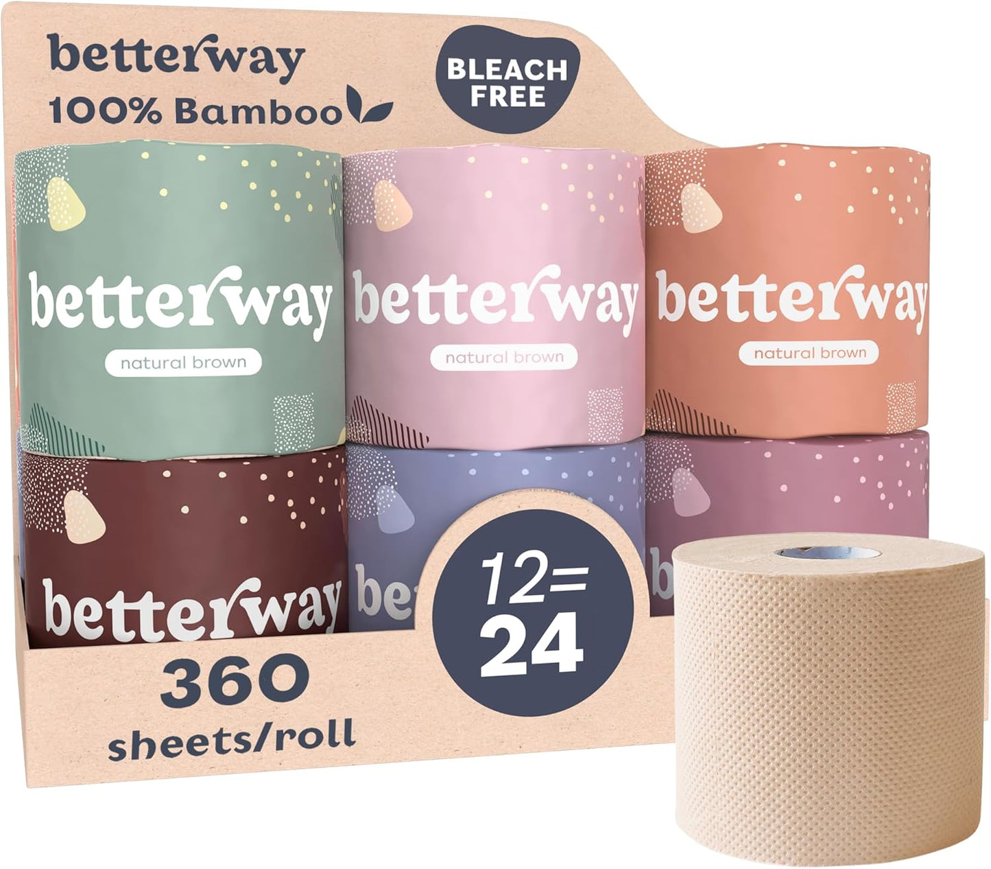 Betterway Bamboo Toilet Paper 3 Ply - Sustainable Toilet Tissue - 12 Double Rolls & 360 Sheets Per Roll - Septic Safe - Organic, Plastic & PFAS Free - FSC Certified